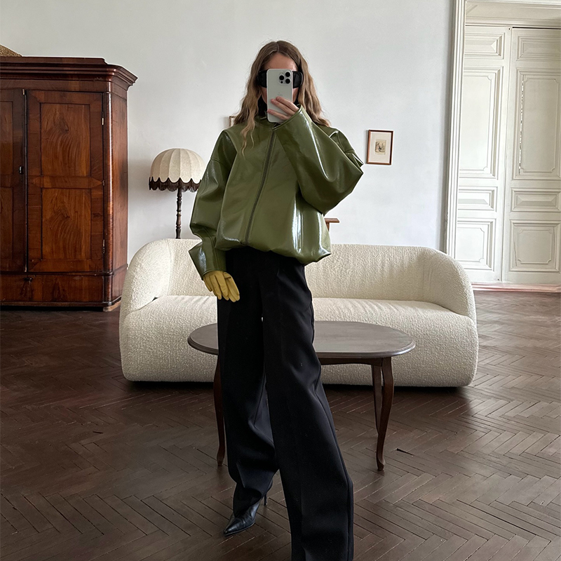 Mens Fashion Autumn 2025 - Jaket Kulit Pendek Hijau Fashion Wanita