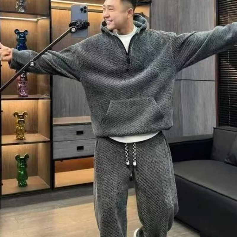 Men'S Fashion Zipper Hoodie - Setelan Hoodie Pria Bergaris Tebal Berbahan