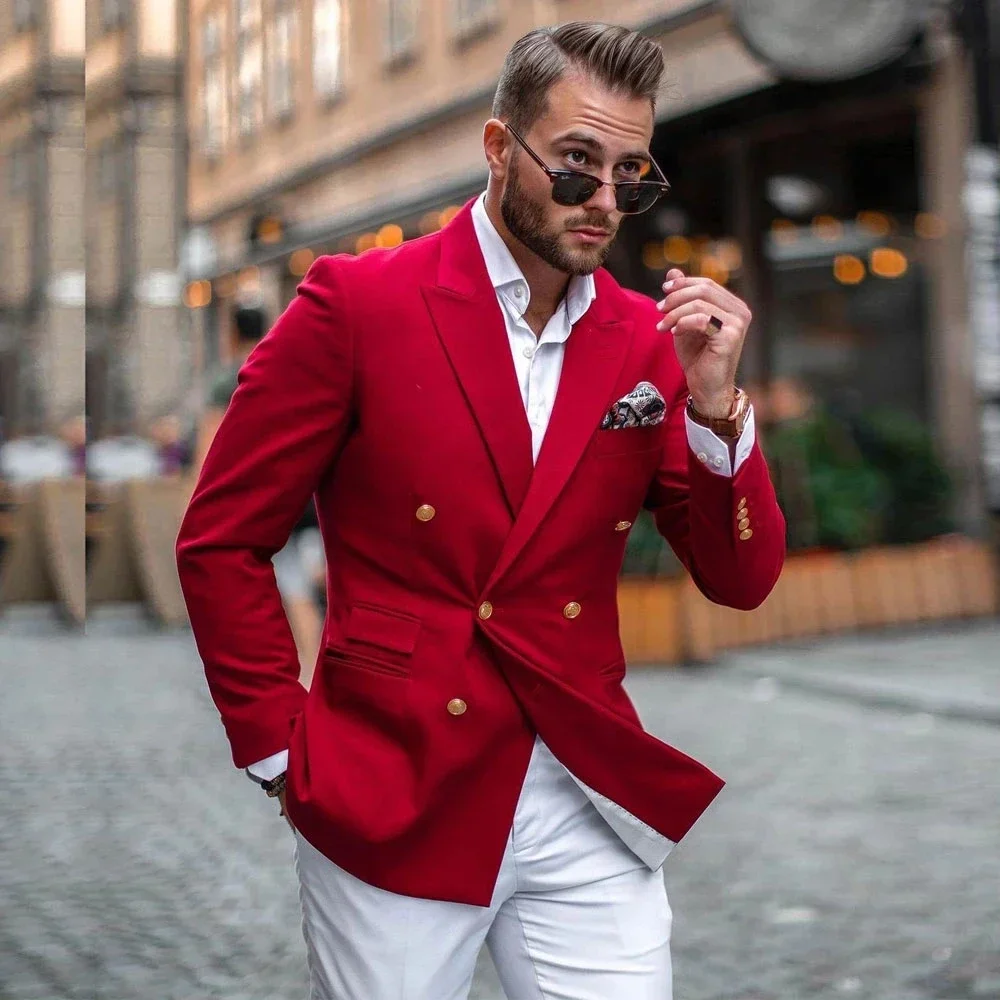 Mens Fashion Blazer - Jas Merah Celana Putih Setelan Pria