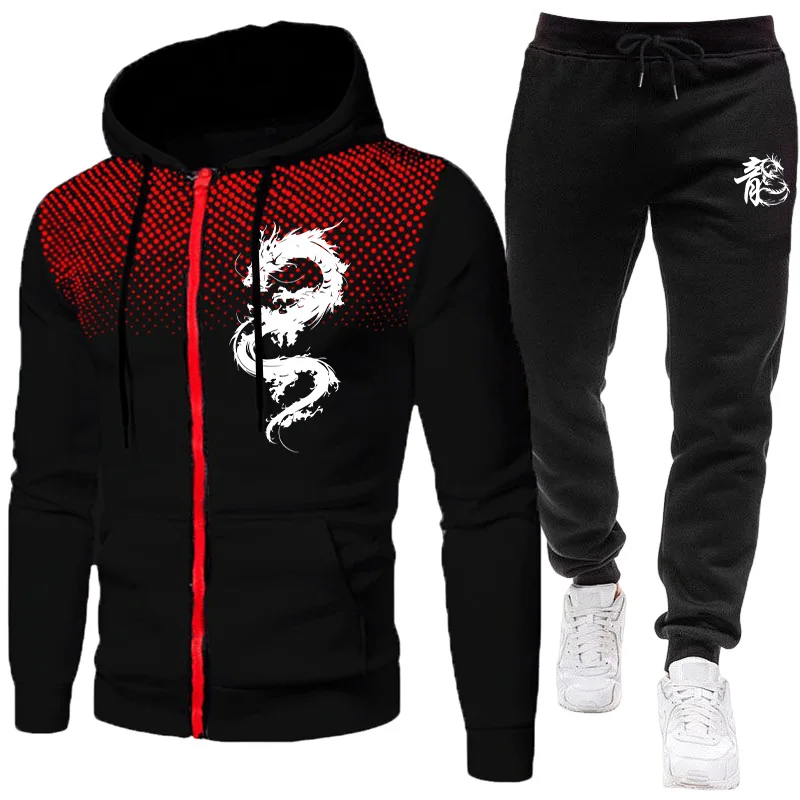 Men'S Fashion Zipper Hoodie - Setelan Pria Motif Naga Paris, Set